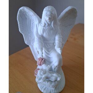 White Ceramic Guardian Angel Baby Pink Roses Figurine Christmas Holiday 4.5"